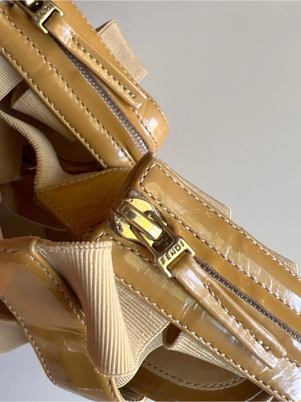 Fendi Patent Leather T-Strap Wedge Sandals Tan Beige EU 35.5